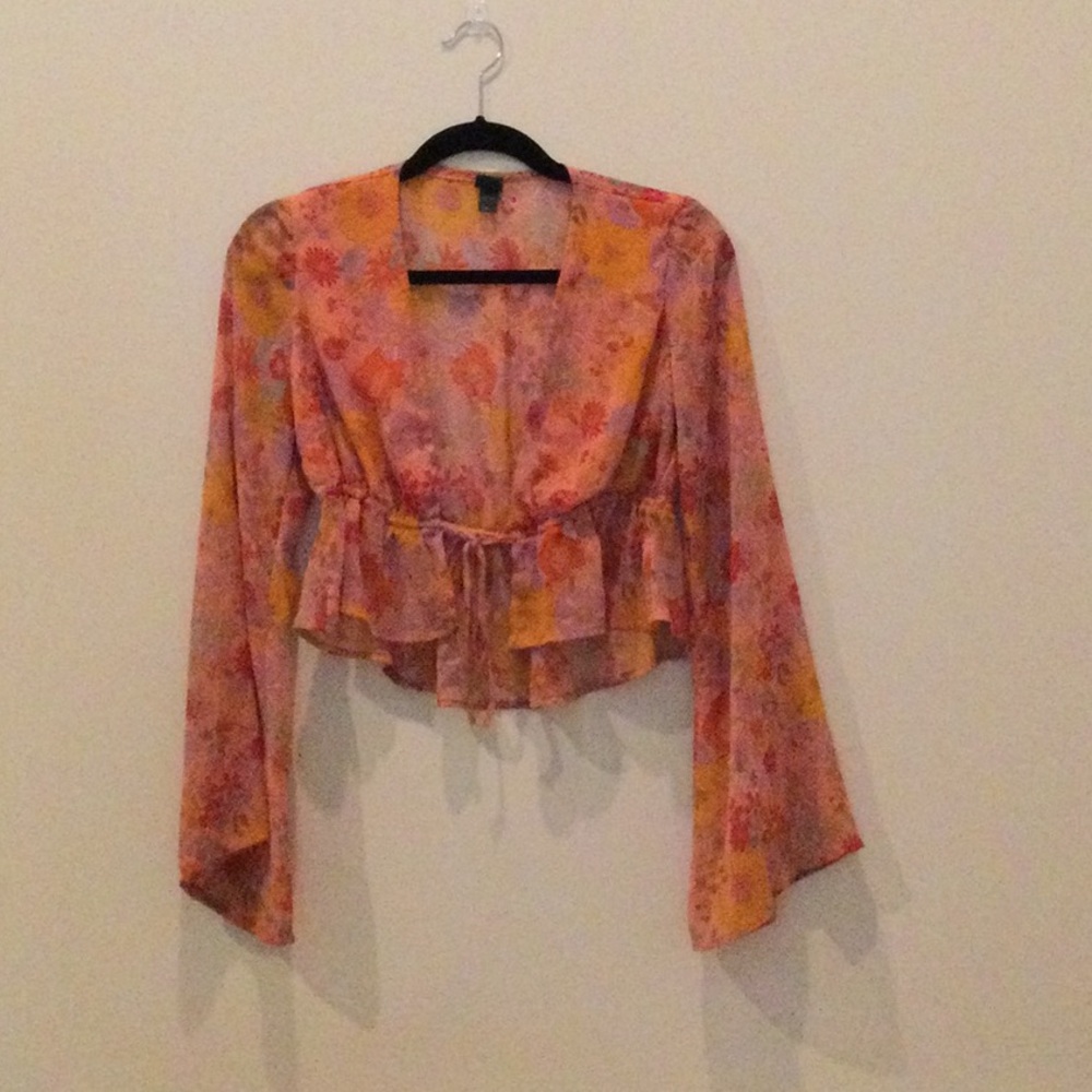 Floral Orange Multicolor Tie-Front Women's Top